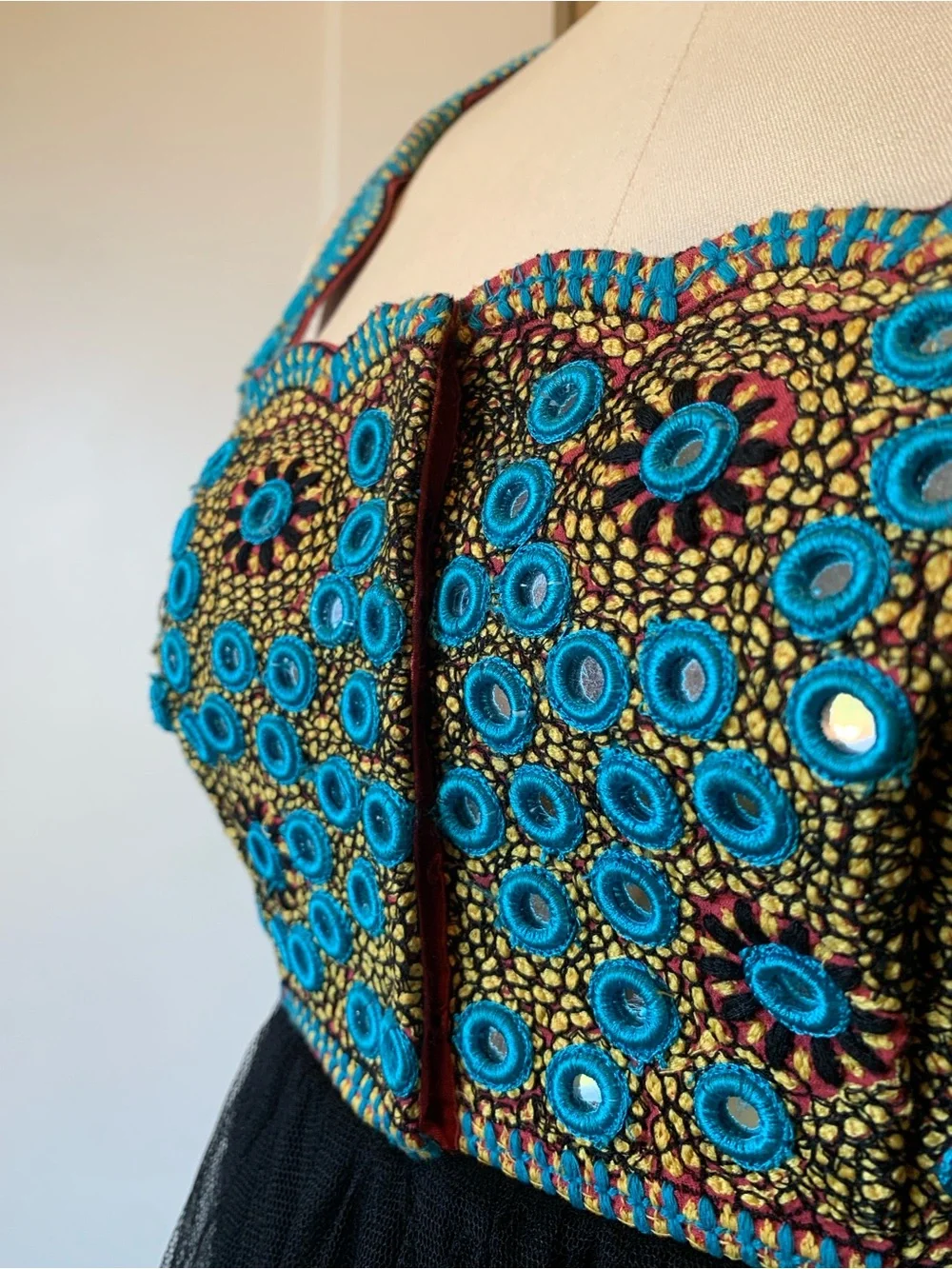 Free People Mirrored Turquoise & Gold Embroidered Dress with Black Net Skirt